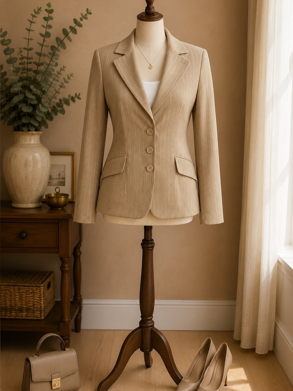 Simply Manakin Beige Pinstripe Tailored Blazer Stretch Career Office Jacket 6